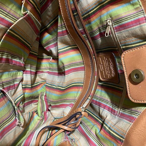 Fossil Shoulderbag Straw Woven Tan Leather Handles Flower Embroidery Raised Bean - Picture 5 of 7